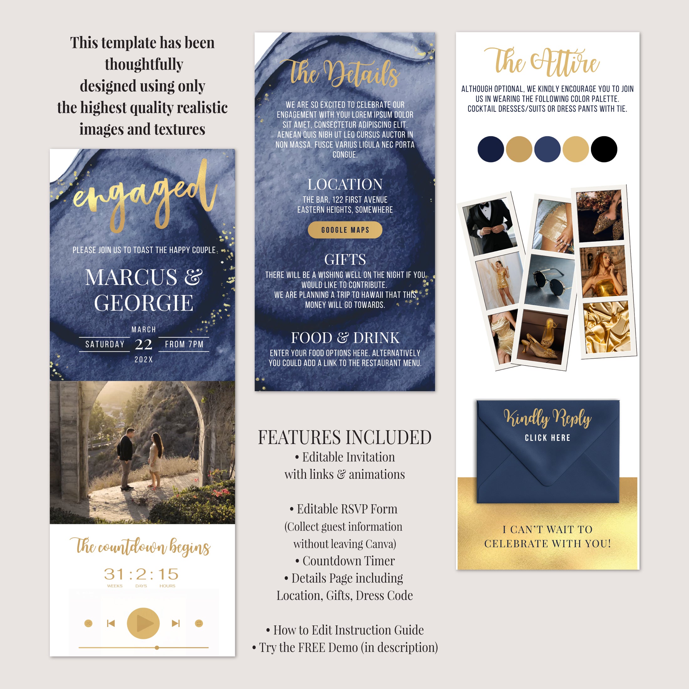 Engagement Invitation Phone with RSVP + Countdown Timer: Golden Luxe Blue