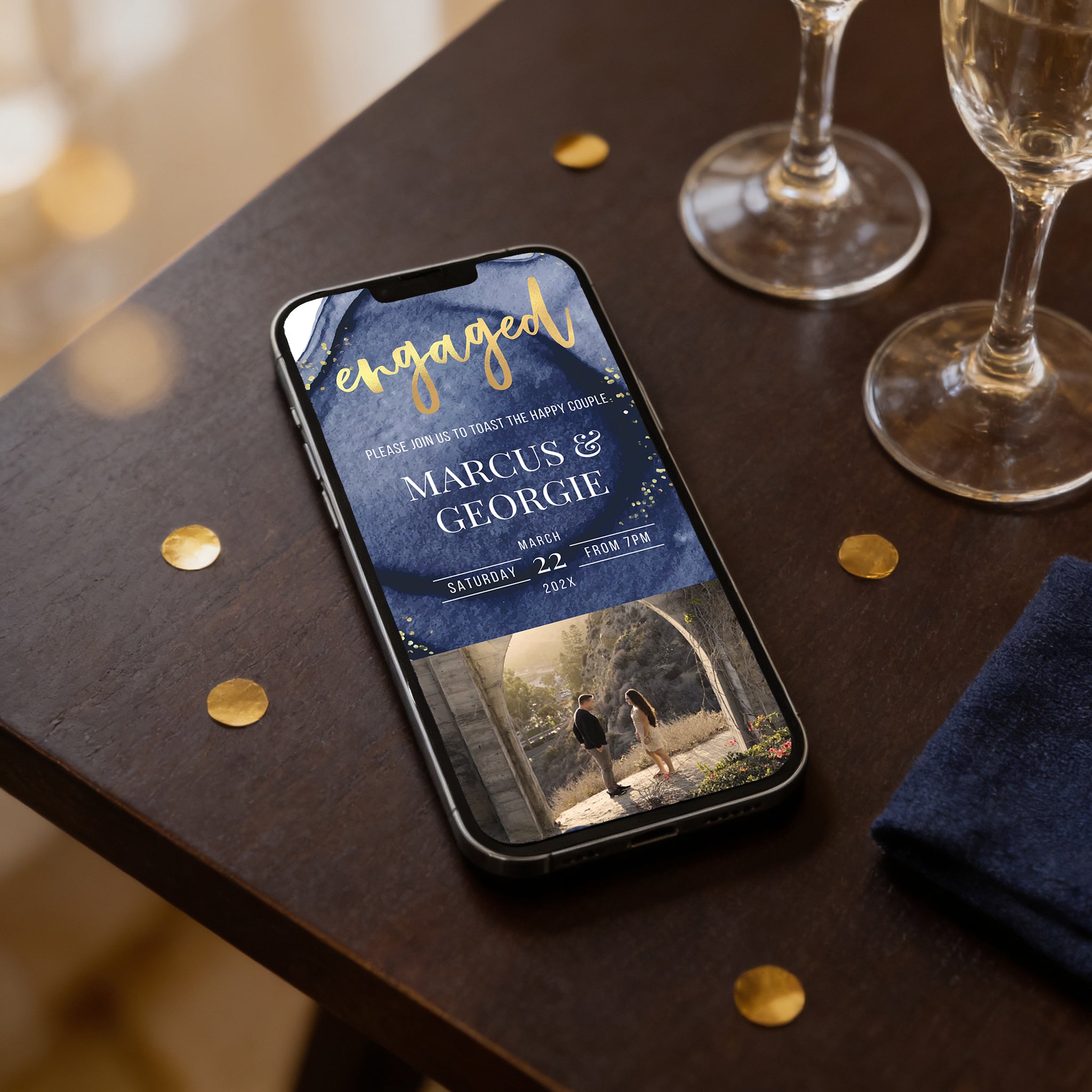 Engagement Invitation Phone with RSVP + Countdown Timer: Golden Luxe Blue