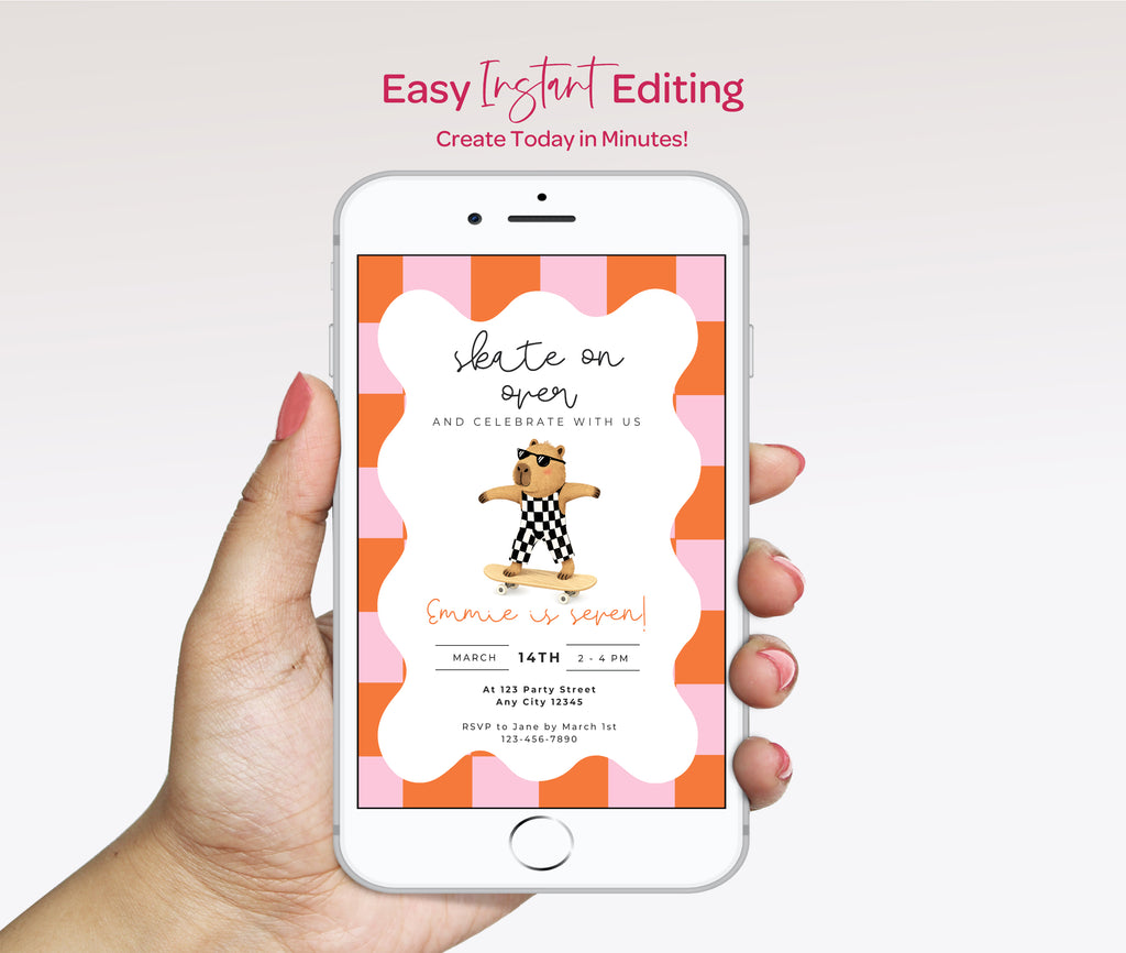 Capybara Skateboarding Invitation - Girls Retro