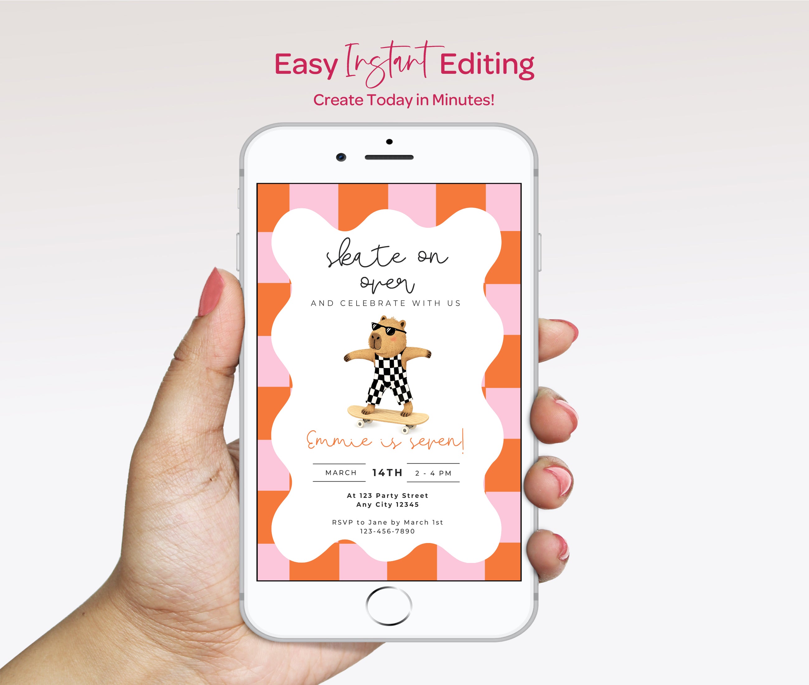 Capybara Skateboarding Invitation - Girls Retro