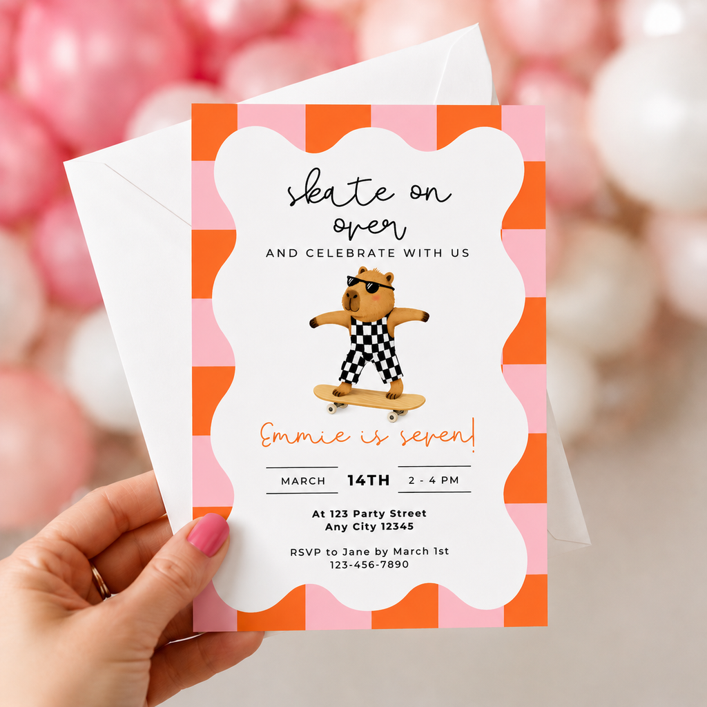 Capybara Skateboarding Invitation - Girls Retro