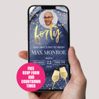 40th Birthday Phone Invitation with RSVP + Countdown Timer: Golden Luxe Blue