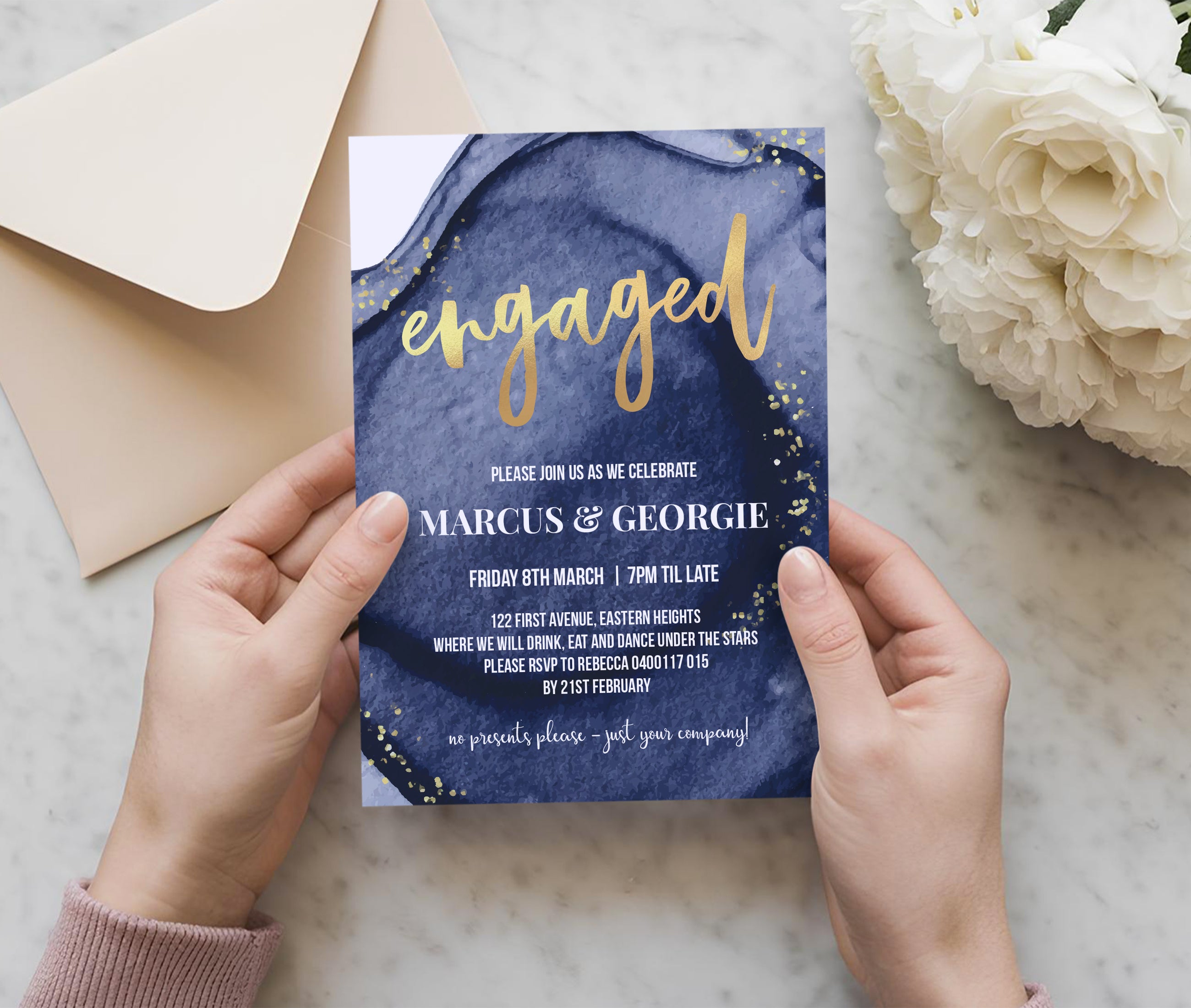 Gold + Navy Engagement Invitations - Golden Luxe Engaged