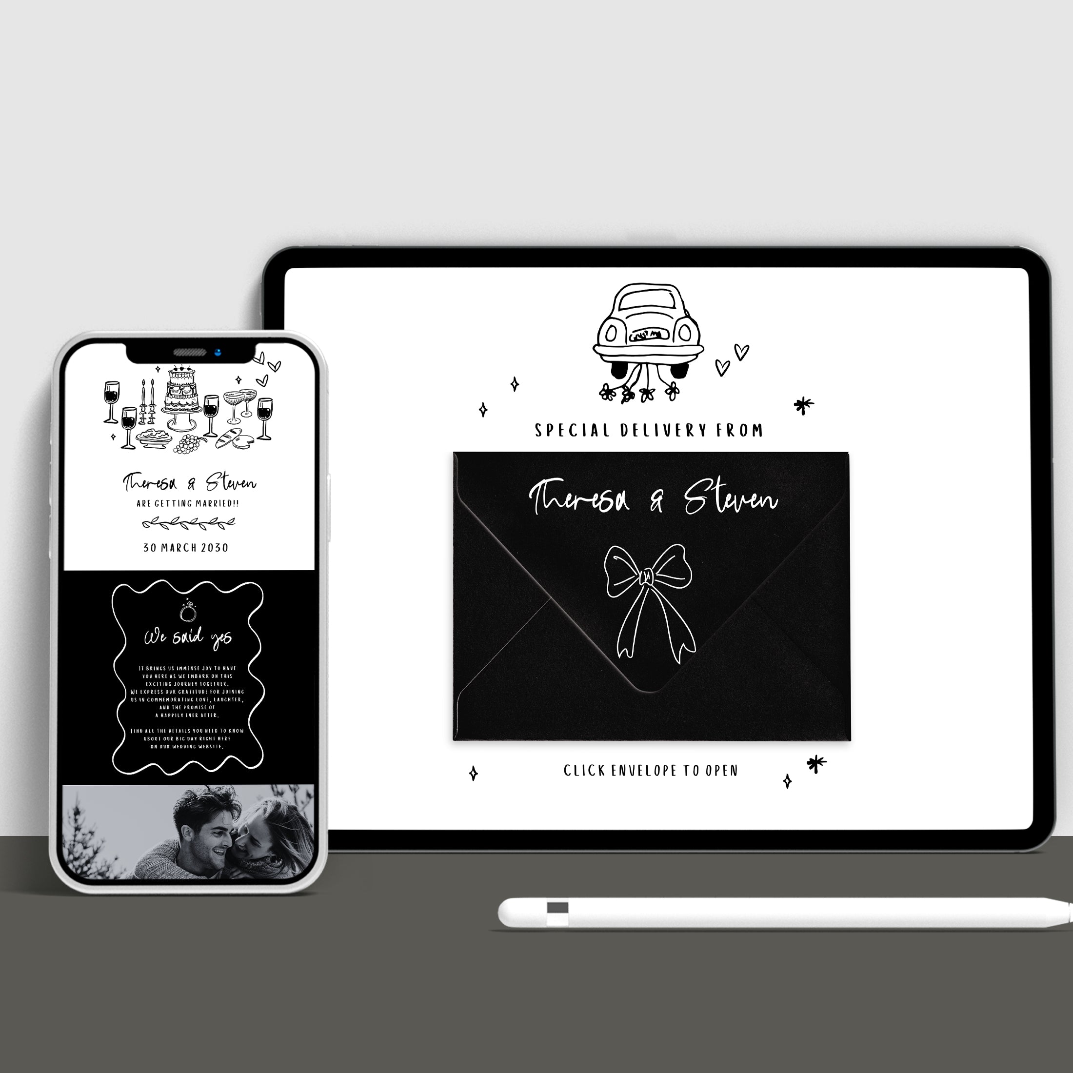 Whimsical Wedding Website with RSVP + Countdown Timer: Black and White
