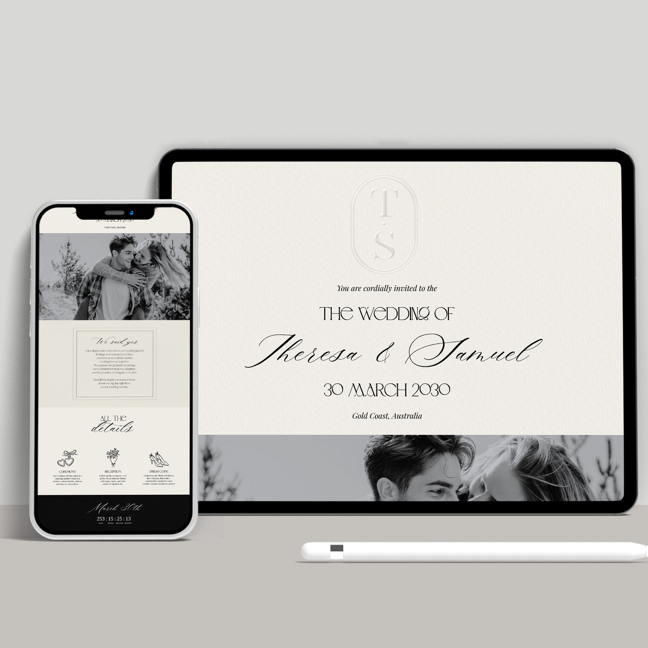 Embossed Monogram Wedding Website with RSVP - Ivory