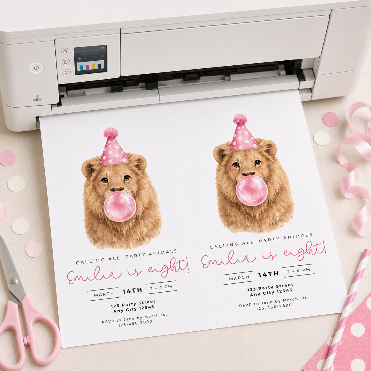 Kids Party Invitations: Cute Lion Blowing Bubbles - Pink