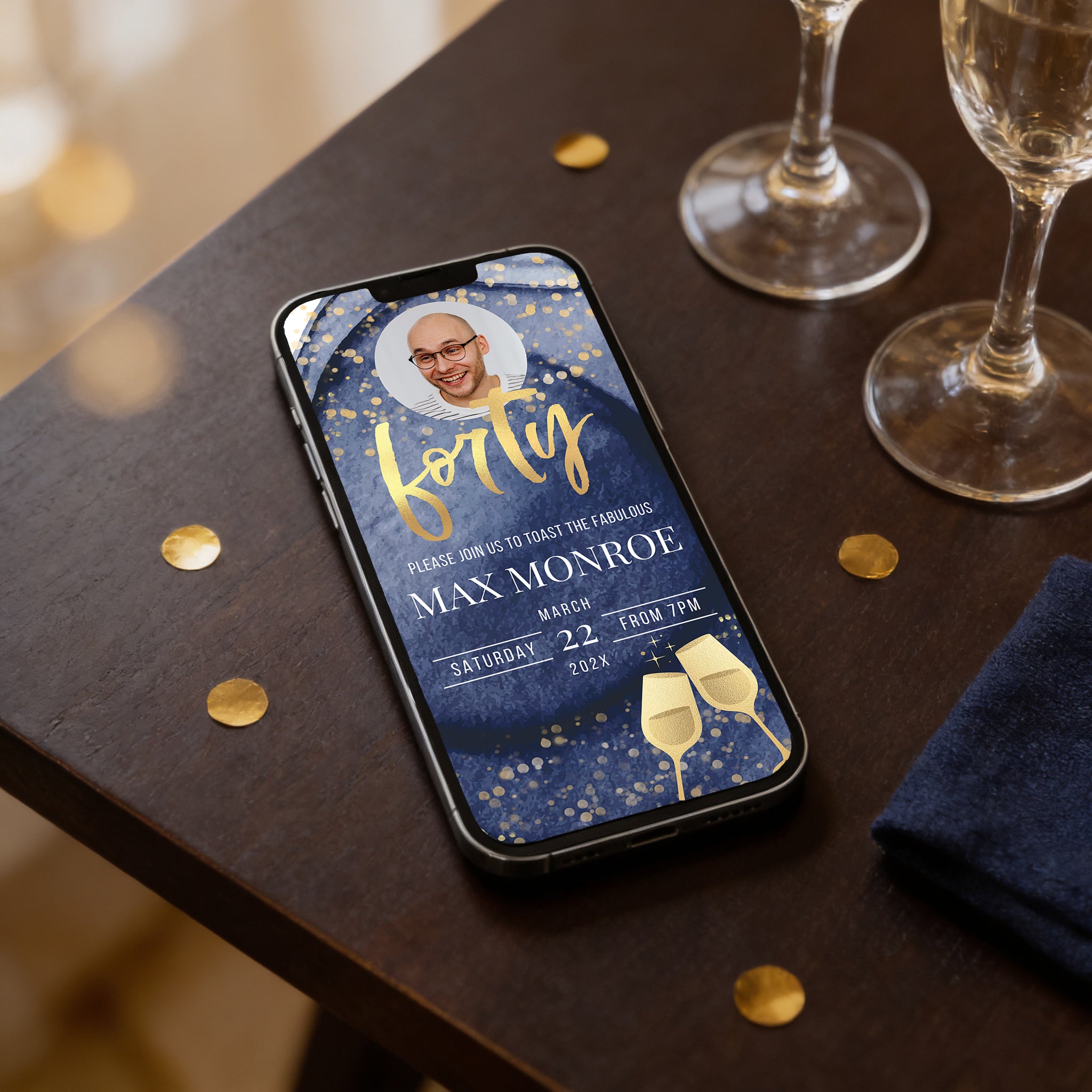 40th Birthday Phone Invitation with RSVP + Countdown Timer: Golden Luxe Blue