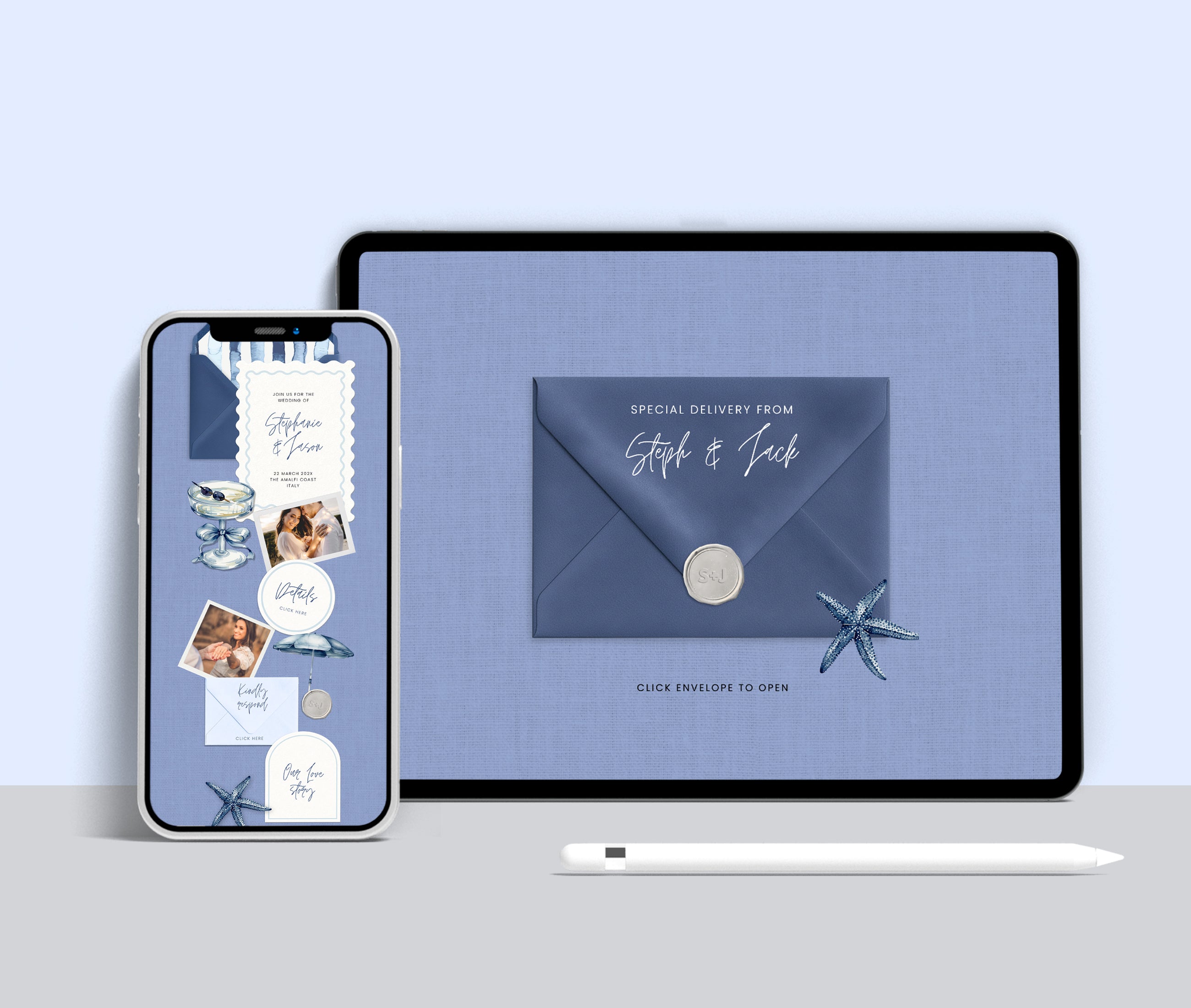 Modern Blue Beach Wedding Website with RSVP
