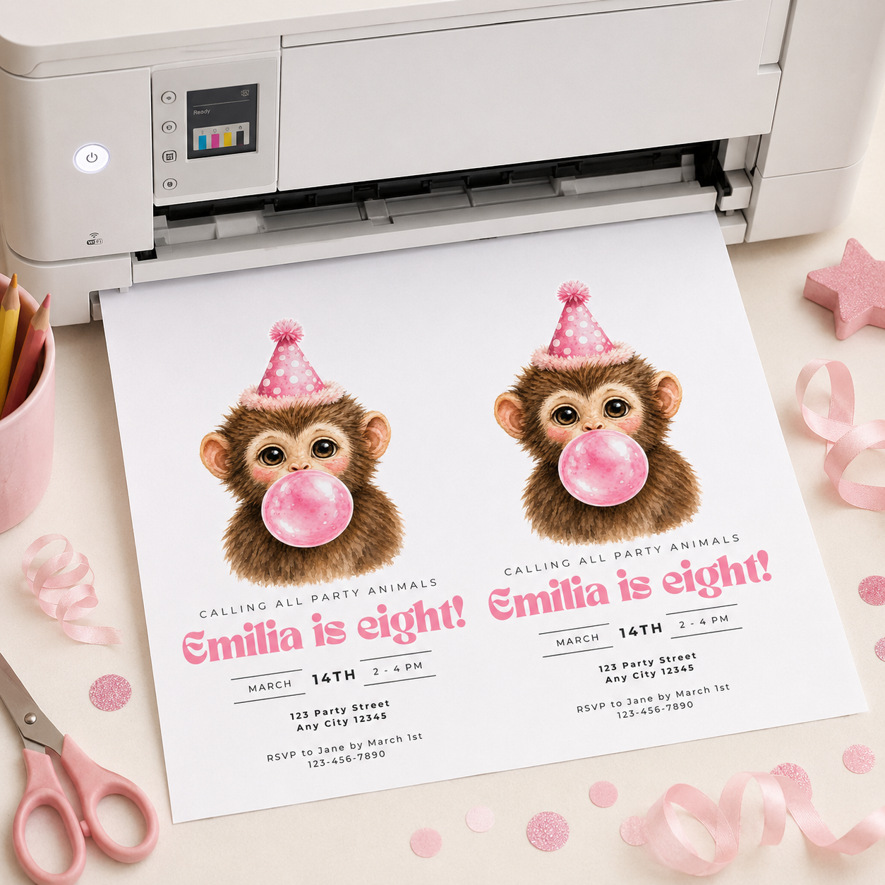 Kids Party Invitations: Baby Monkey Blowing Bubbles - Pink