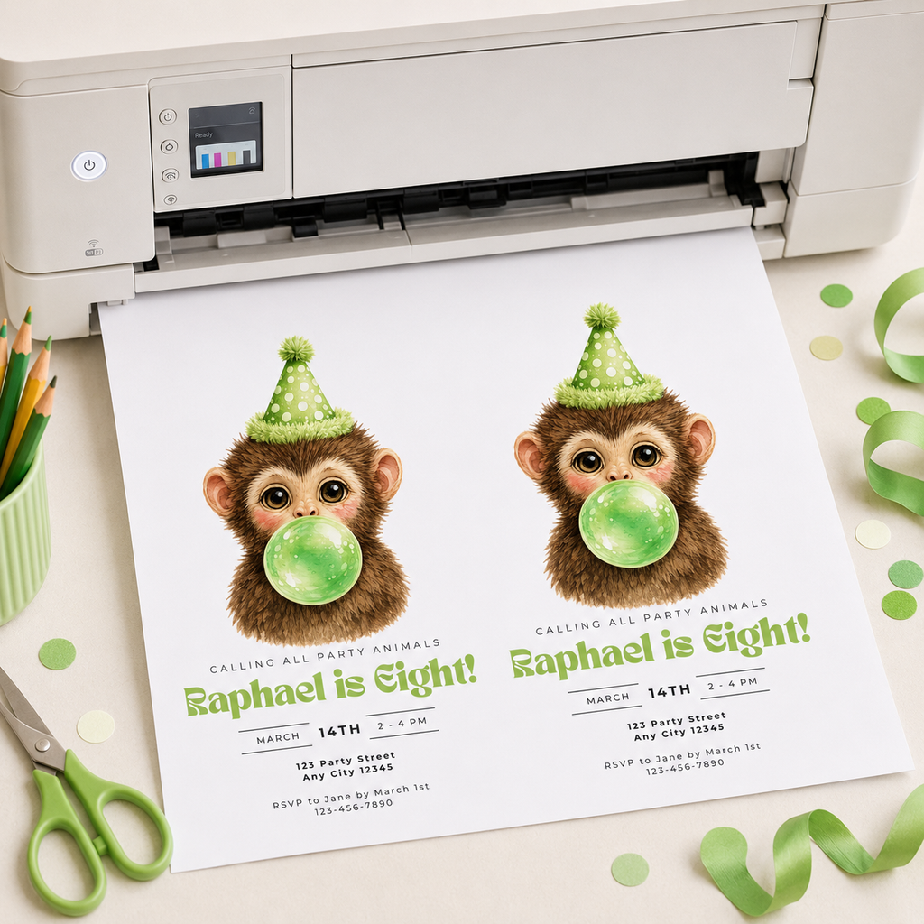 Kids Birthday Invitations: Baby Monkey Blowing Bubbles - Green