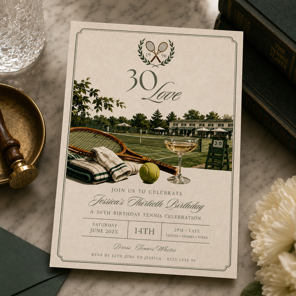 Tennis Birthday Invitation - Old Money Style 30th