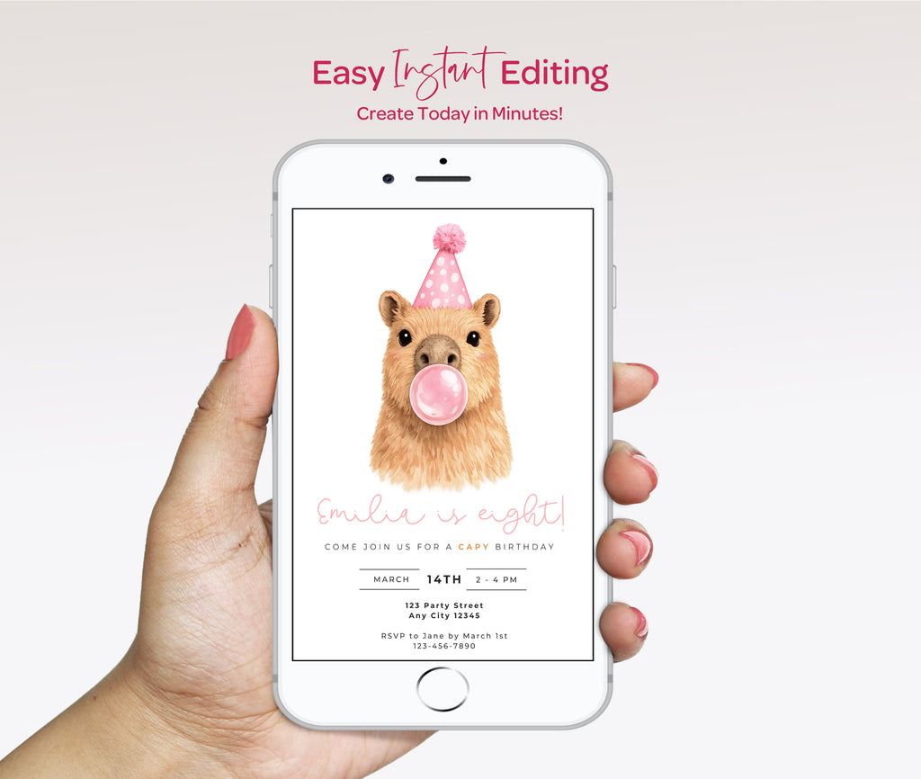 Capybara Birthday Invitations: Capy Blowing Bubbles - Pink