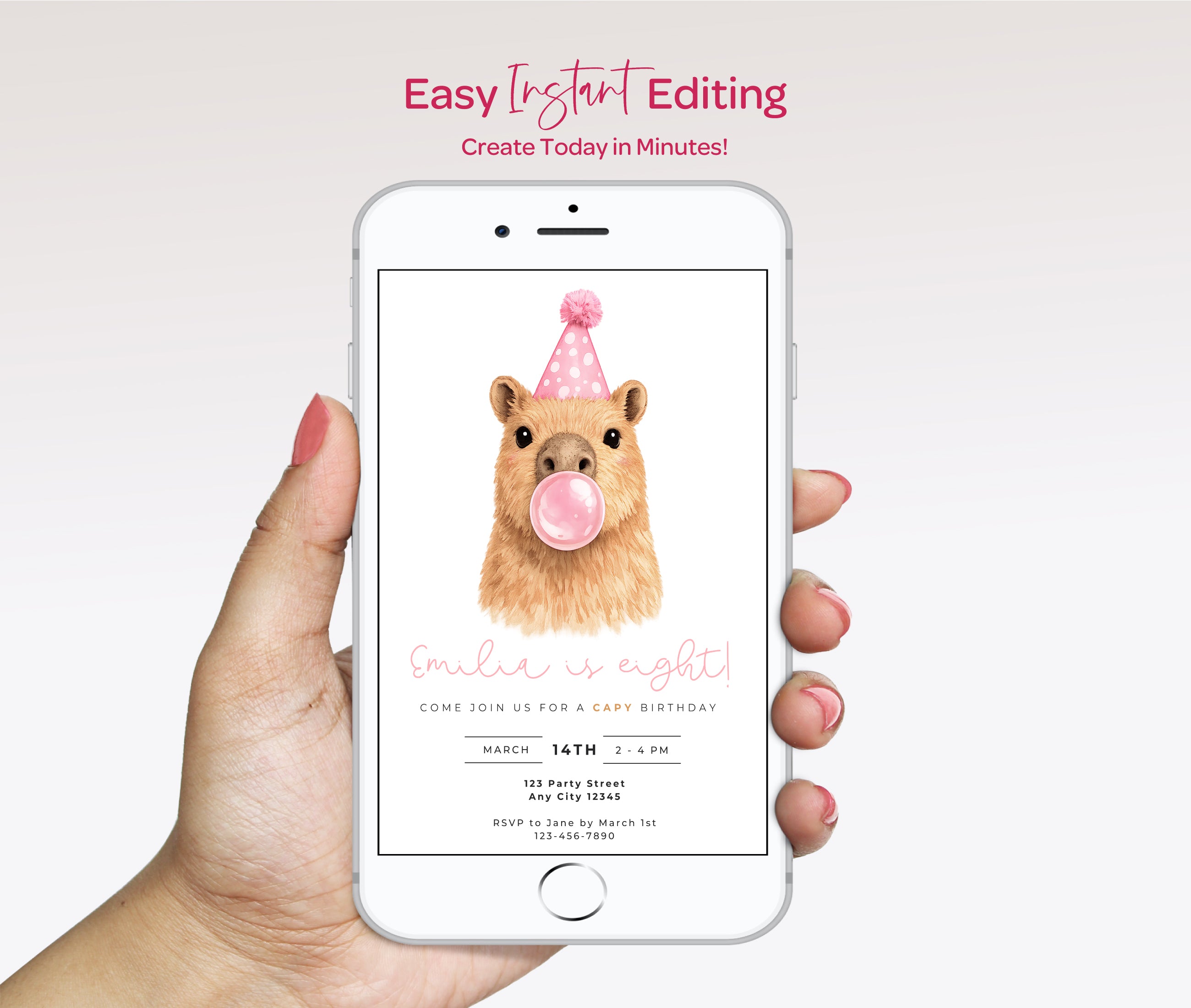 Capybara Birthday Invitations: Capy Blowing Bubbles - Pink