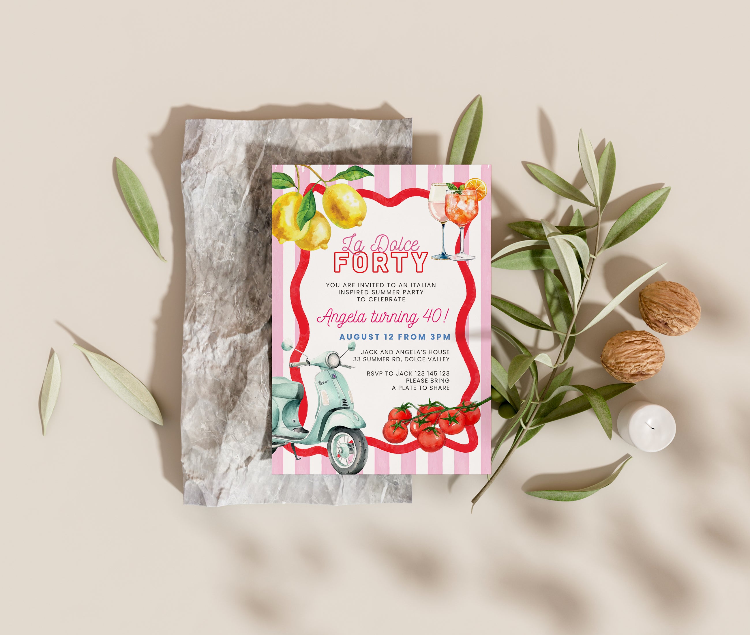 La Dolce 40th Birthday Invitation: Italian Watercolor Illustrated Invite
