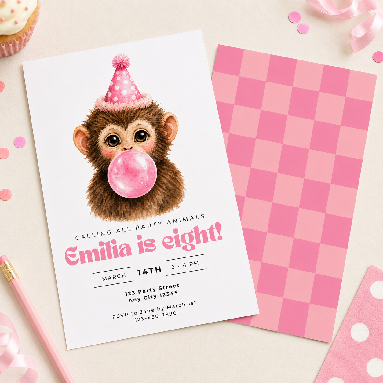 Kids Party Invitations: Baby Monkey Blowing Bubbles - Pink