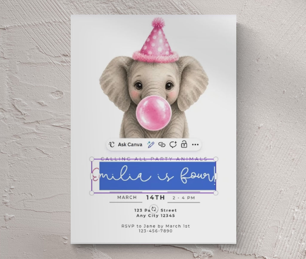 Baby Elephant Blowing Bubbles - Pink Kids Party Animals Invitation
