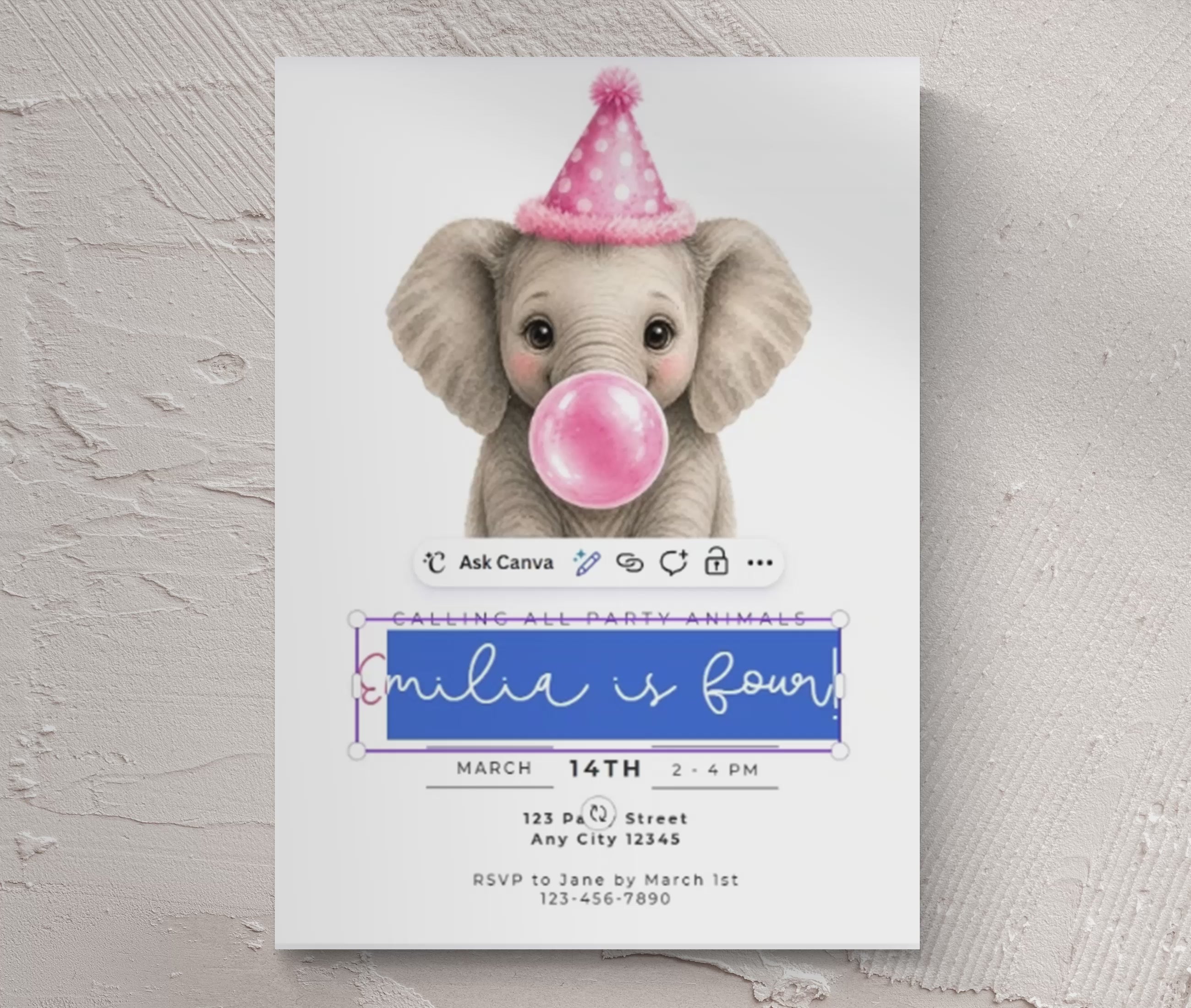 Baby Elephant Blowing Bubbles - Pink Kids Party Animals Invitation