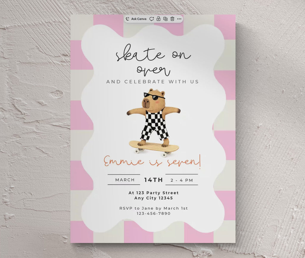Capybara Skateboarding Invitation - Girls Retro