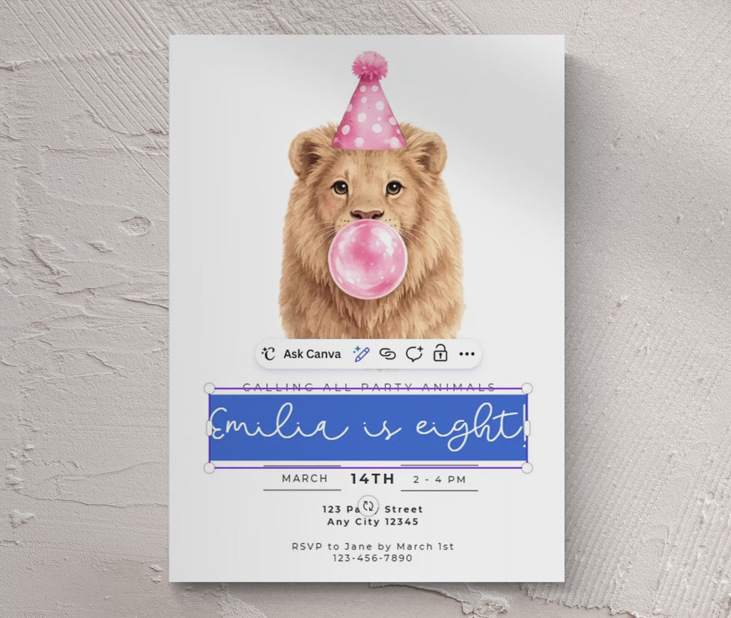 Kids Party Invitations: Cute Lion Blowing Bubbles - Pink