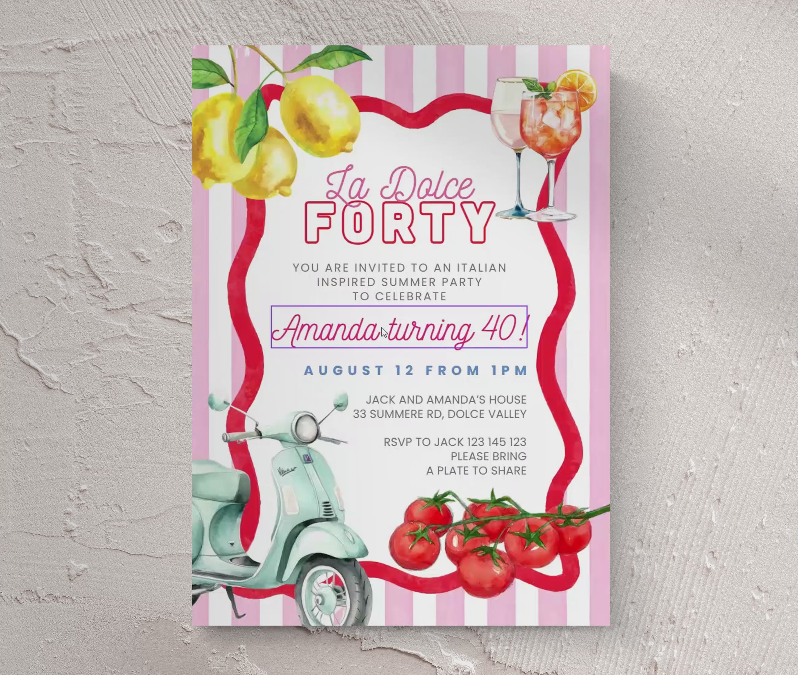 La Dolce 40th Birthday Invitation: Italian Watercolor Illustrated Invite