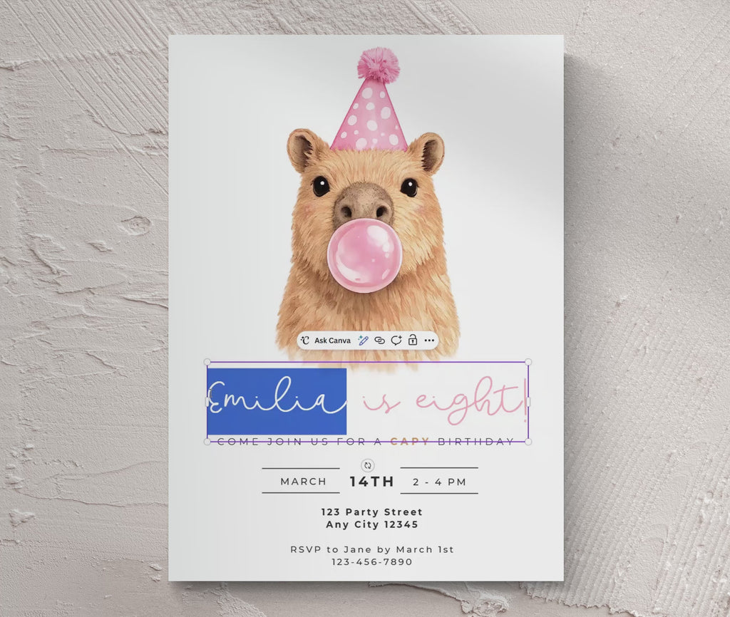 Capybara Birthday Invitations: Capy Blowing Bubbles - Pink
