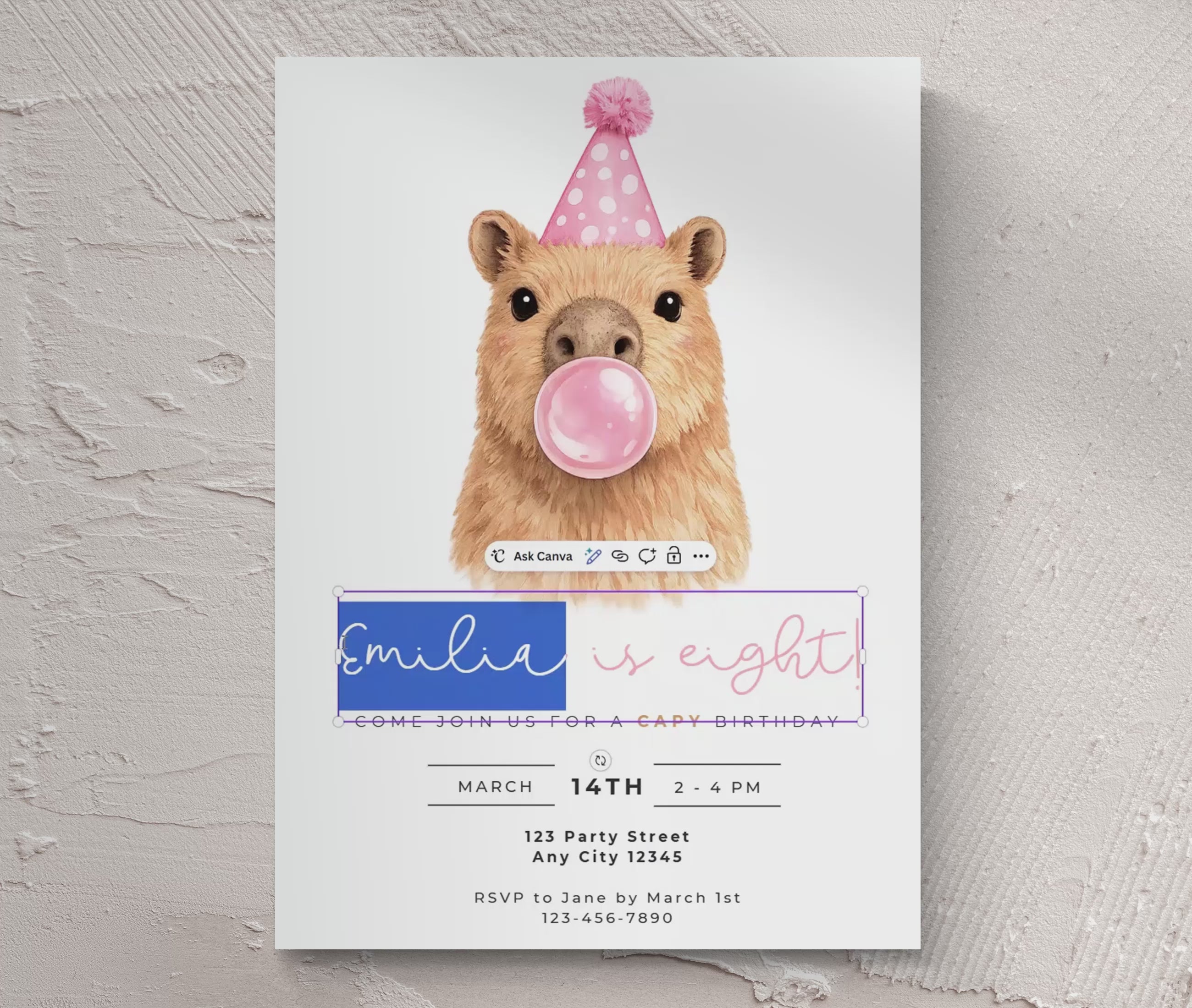 Capybara Birthday Invitations: Capy Blowing Bubbles - Pink