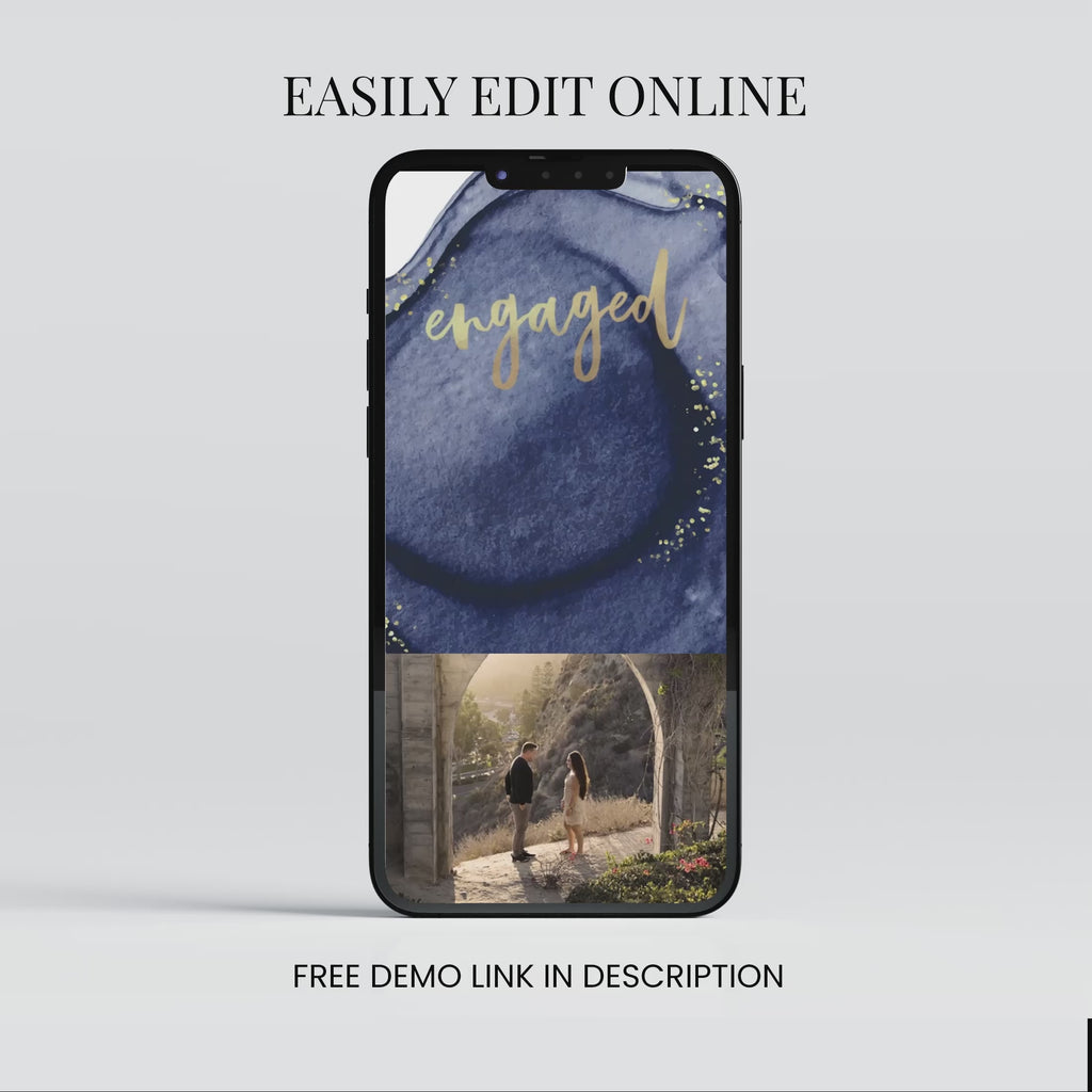 Engagement Invitation Phone with RSVP + Countdown Timer: Golden Luxe Blue