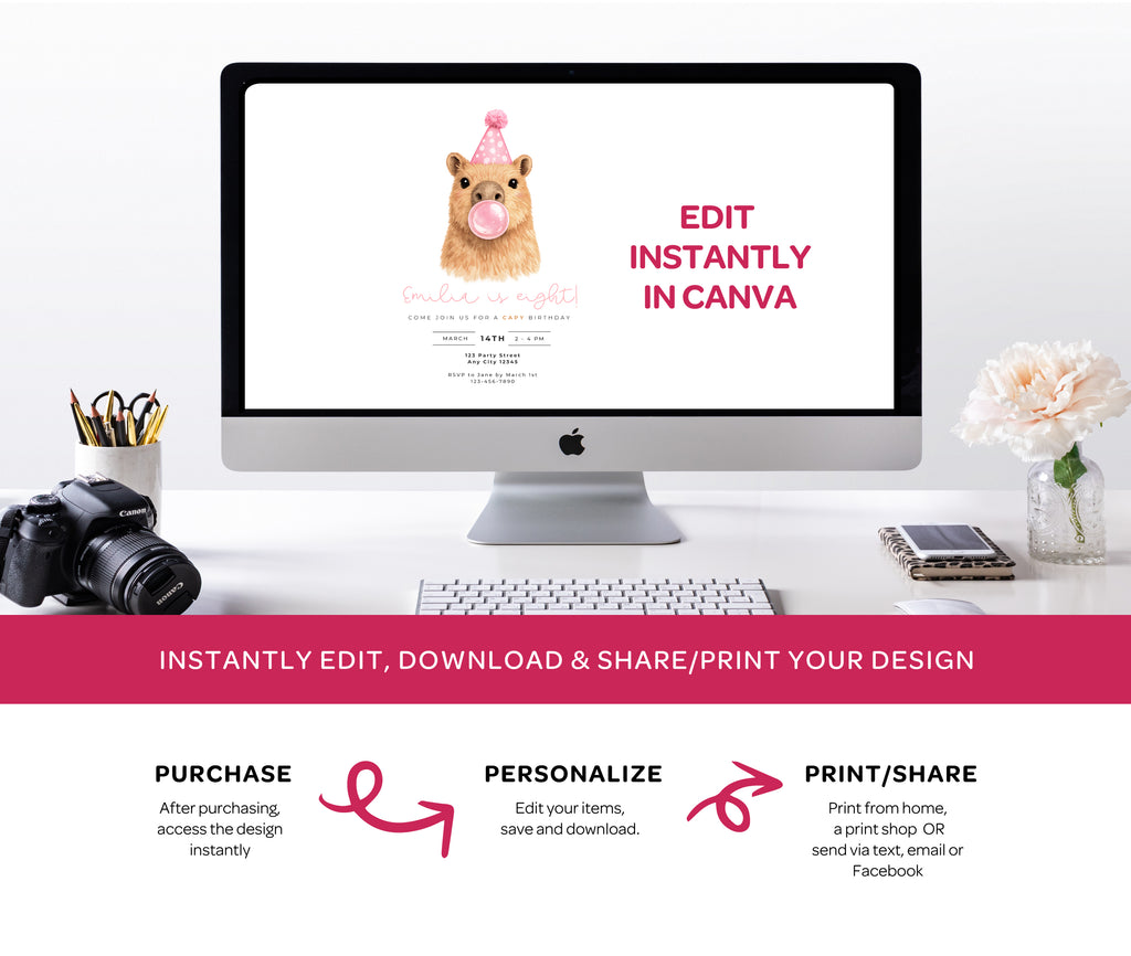 Capybara Birthday Invitations: Capy Blowing Bubbles - Pink