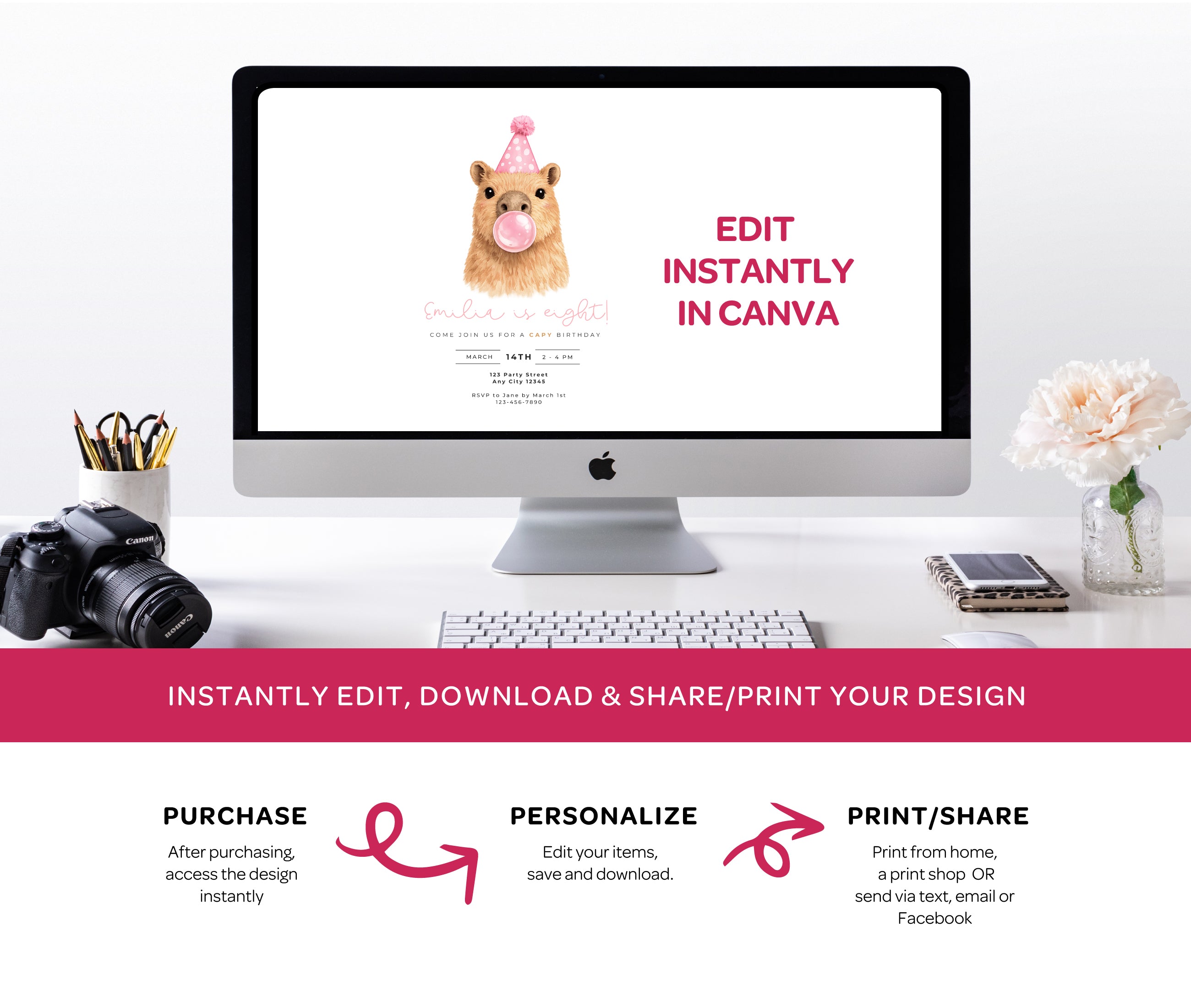 Capybara Birthday Invitations: Capy Blowing Bubbles - Pink