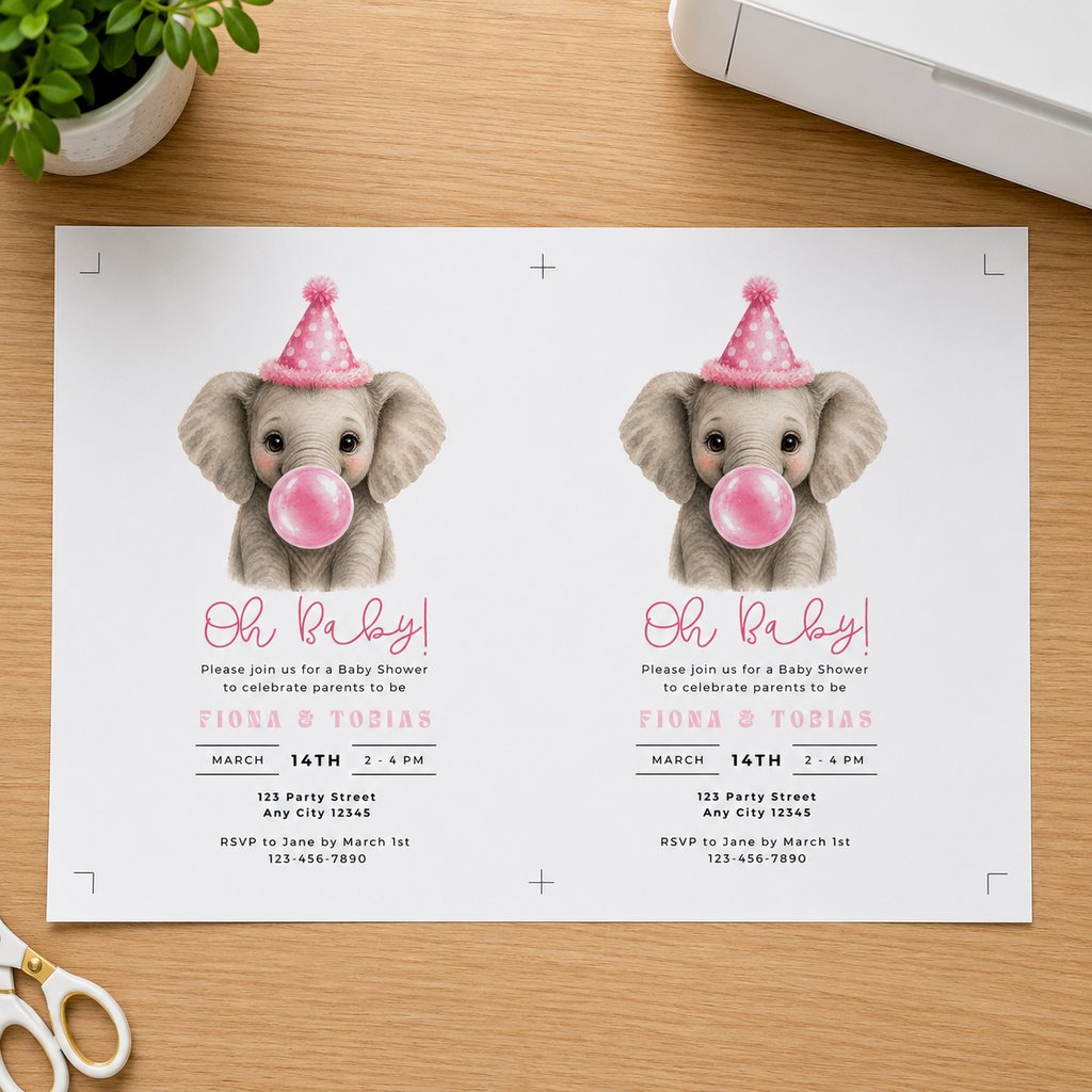 Baby Shower Invitations: Elephant Blowing Pink Bubble