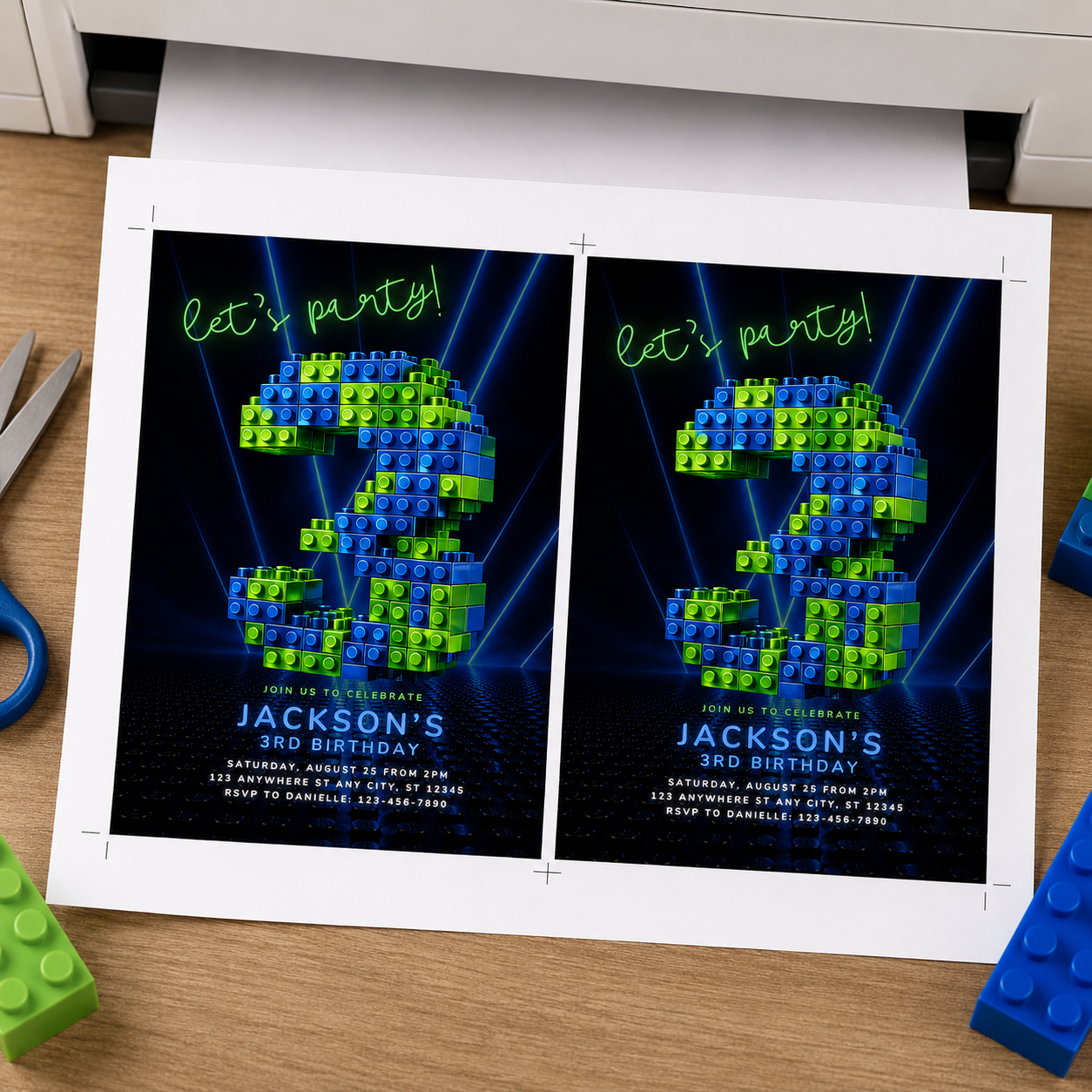 Lego 3 Neon Birthday Invitation
