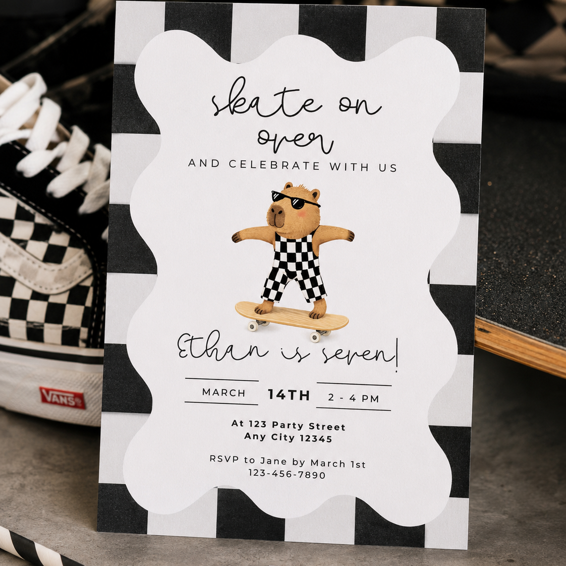 Capybara Skateboarding Invitation - Boys Retro