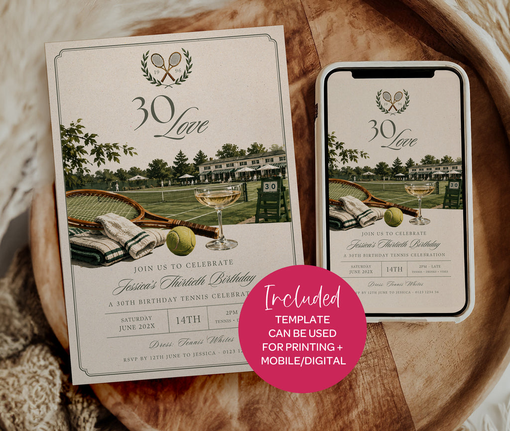 Tennis Birthday Invitation - Old Money Style 30th