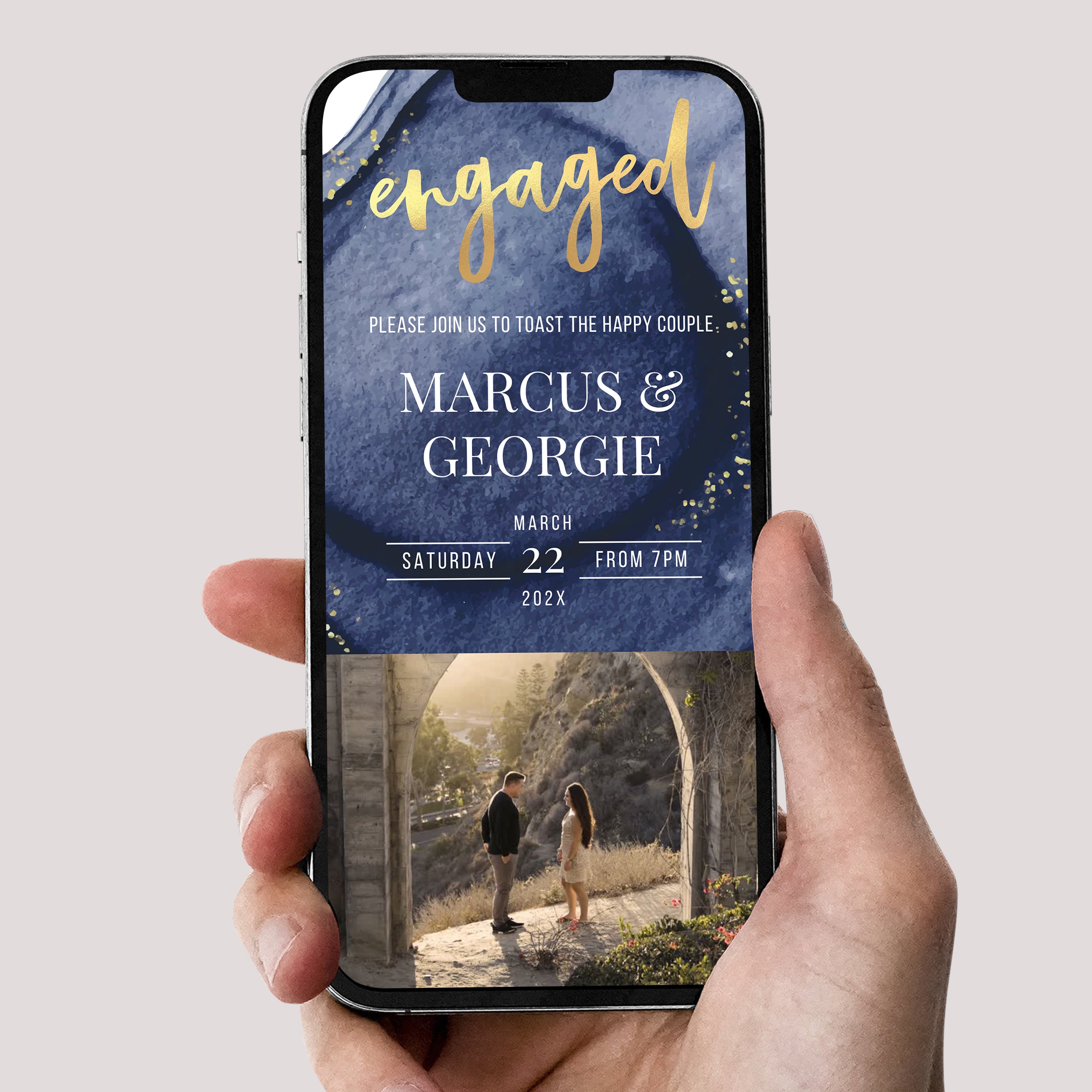Engagement Invitation Phone with RSVP + Countdown Timer: Golden Luxe Blue