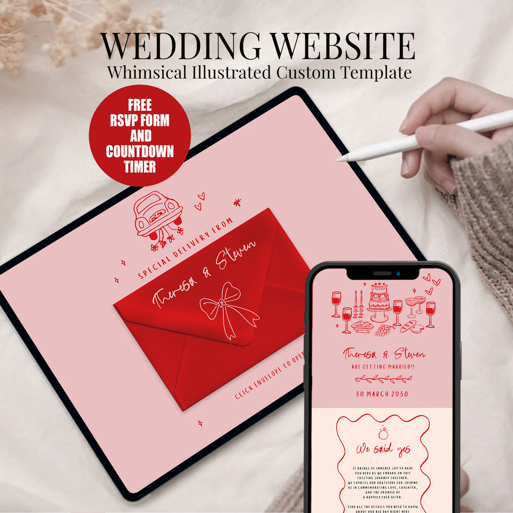 Whimsical Wedding Website with RSVP : Pink + Red
