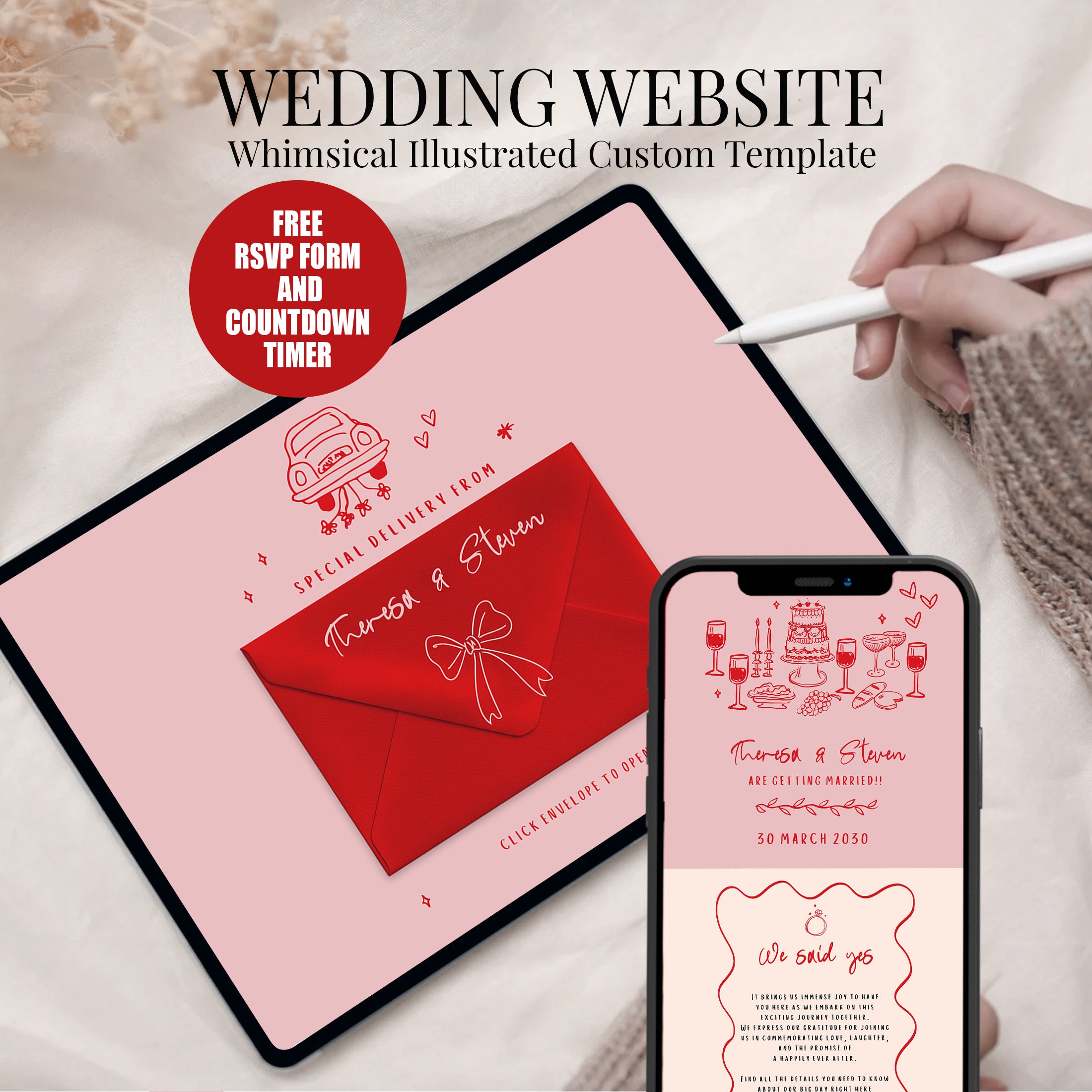 Whimsical Wedding Website with RSVP : Pink + Red